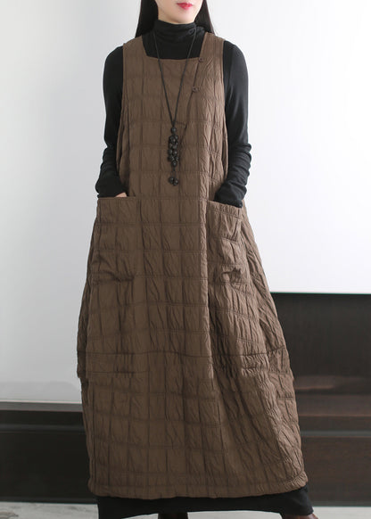 Chic Coffee Oversized Pockets Fine Cotton Filled Long Dress Winter