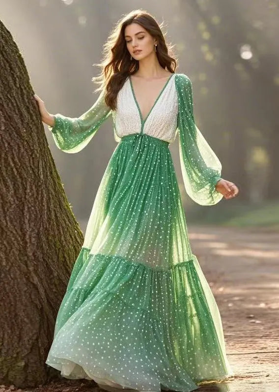Bohemian Gradient Color V Neck Wrinkled Chiffon Dress Spring
