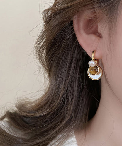 2025 New Brown Copper Overgild Tiger Eye Stone Shell Glass Hoop Earrings