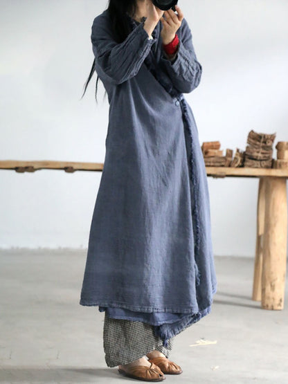 Women Artsy Worn Burrs Solid Button Irregular Long Coat