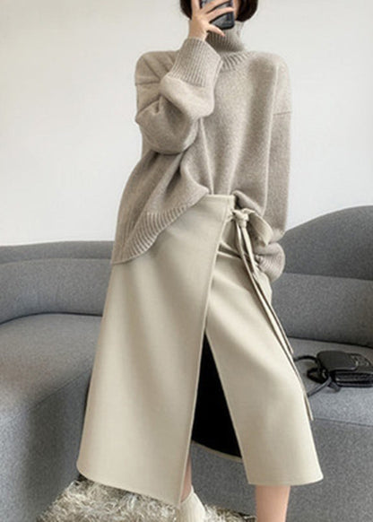 Loose Camel Hign Neck Thick Knit Sweaters Top Fall