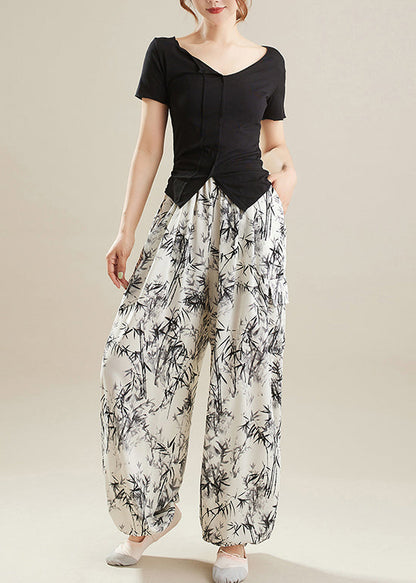 Art White Oversized Bamboo Print Chiffon Pants Summer