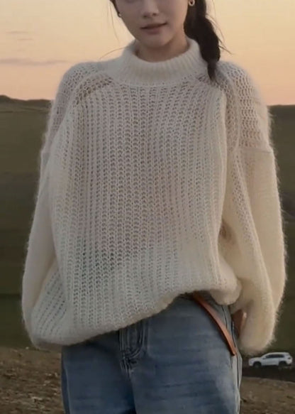 Handmade White Patchwork Solid Cotton Knit Sweaters Fall