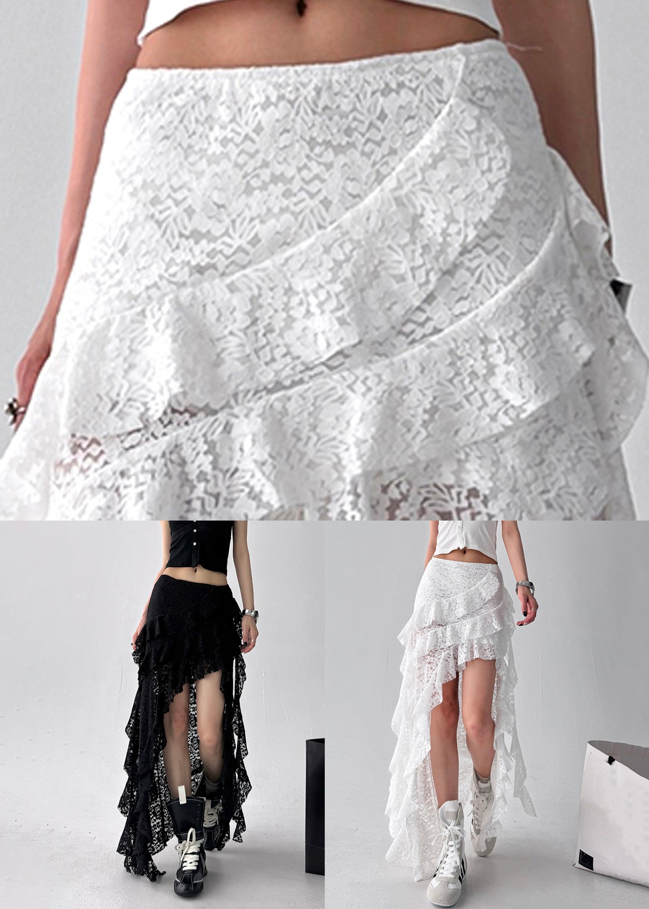 White Ruffled Solid Lace Summer Skirt Asymmetrical