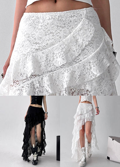 White Ruffled Solid Lace Summer Skirt Asymmetrical