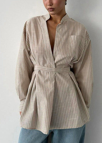 Boho Khaki Striped Linen Tunic Shirt Top Fall