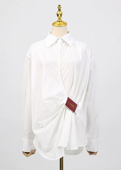 Loose White Peter Pan Collar Wrinkled Cotton Shirt Top Fall