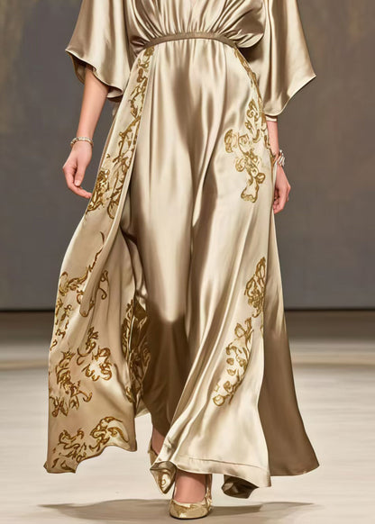 Chic Golden Print Exra Large Hem Silk Maxi Dresses Summer