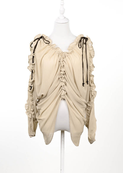 Original Design Apricot V Neck Ruffled Chiffon Top Summer
