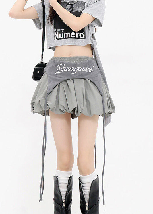 American Style Grey Spicy Girl Spliced Wrinkled Short Skirt Summer