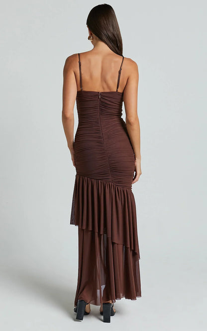 Harlene Maxi Dress- Ruched Mesh Frill Hem Dress In Chocolate