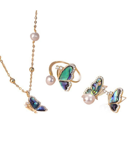 New Gold Copper Overgild Zircon Pearl Butterfly Pendant Necklace,Rings And Drop Earrings Three-Piece Set