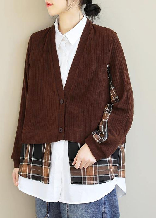 Elegant Chocolate Patchwork Top Lapel False Two Pieces Tunic Blouses