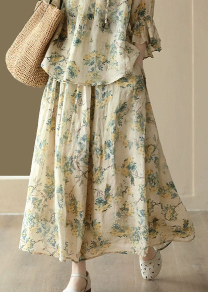 Elegant Yellow Wrinkled Pockets Print Patchwork Linen Skirt Summer