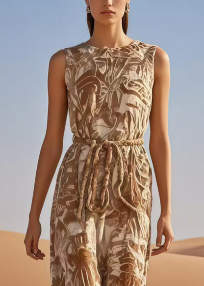 Bohemian Khaki Cinched Print Cotton Jumpsuits Summer