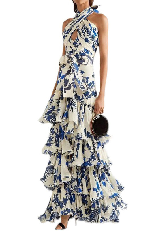 Formal Vacation Wedding Style Ruffled Print Dress Sleeveless