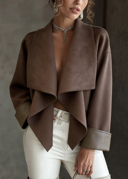 Loose Coffee Peter Pan Collar Faux Suede Solid Coats Spring