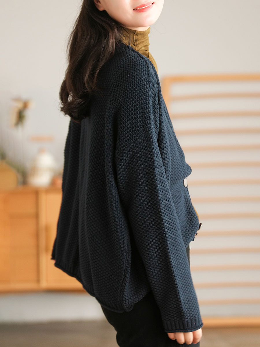 Women Winter Artsy Knitted Button Hemming Solid Sweater