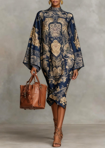 Loose Blue Stand Collar Print Silk Long Dresses Spring