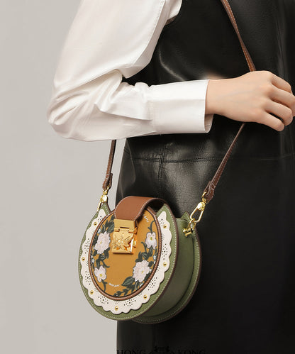 Original Design Green Print Patchwork Calf Leather Saddle Bag