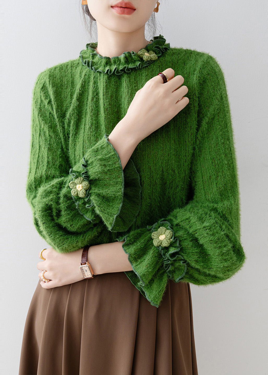 Unique Tea Green Ruffled Floral Knit Top Flare Sleeve