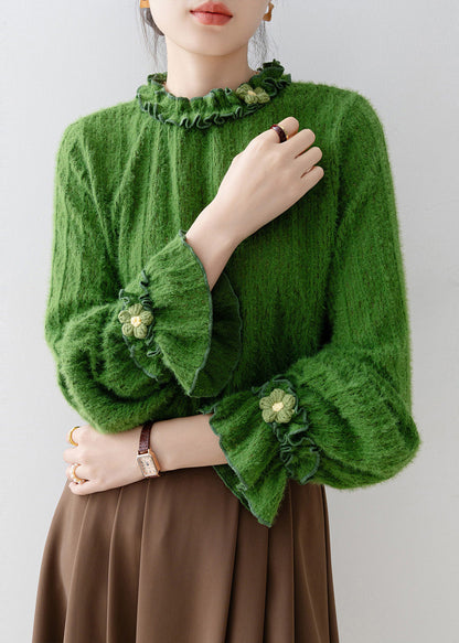 Unique Tea Green Ruffled Floral Knit Top Flare Sleeve