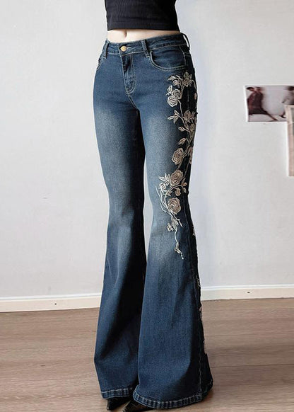 Slim Fit Blue Embroidered High Waist Denim Flared Trousers Summer