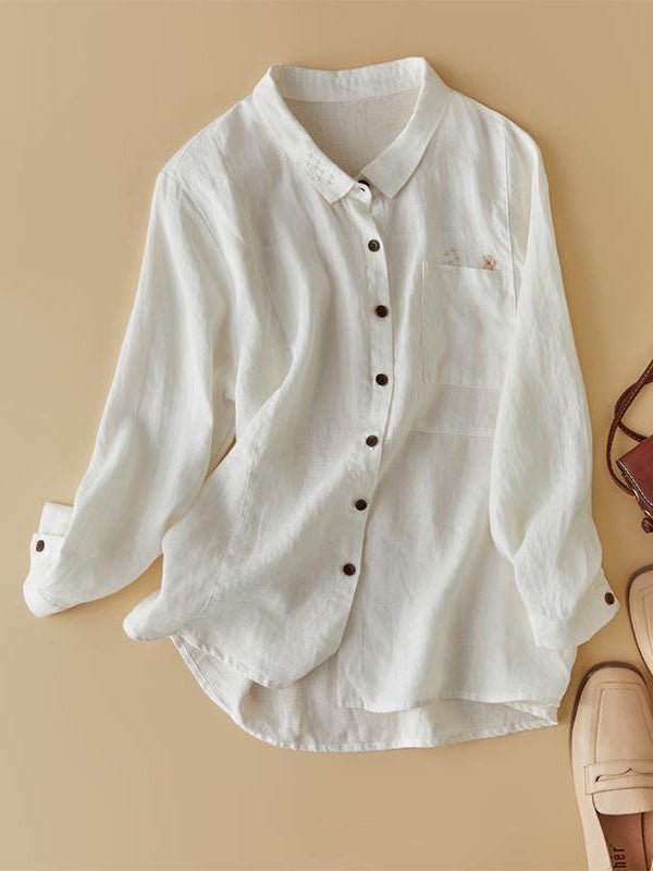 100% Linen Print Lapel Casual Shirt In One-Size In Solid Color