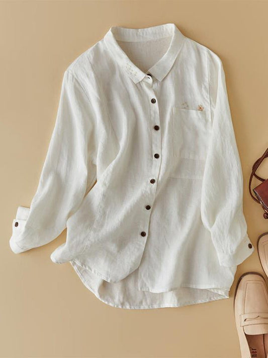100% Linen Print Lapel Casual Shirt In One-Size In Solid Color