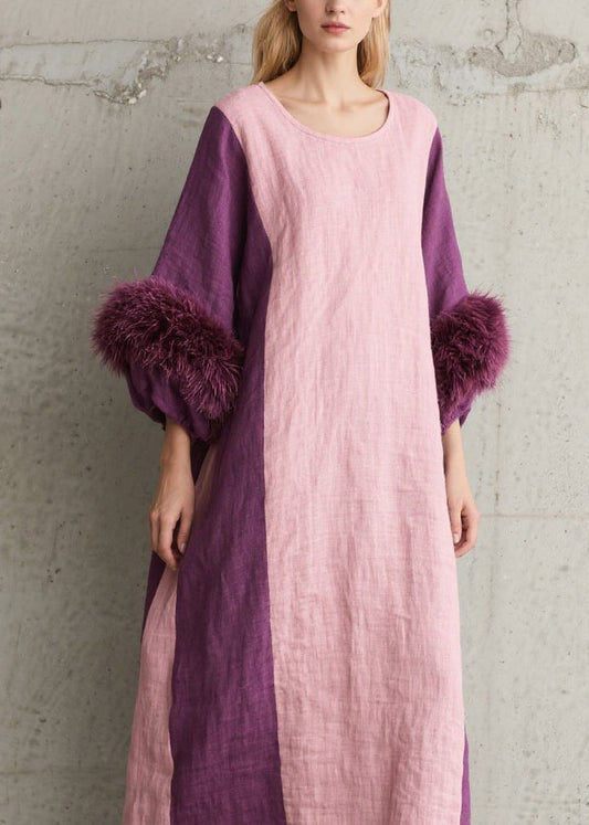 Casual Colorblock Fuzzy Fur Patchwork Cotton Dresses Fall