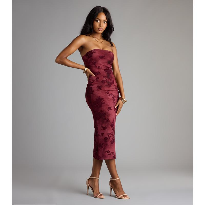Seductive Strapless Floral Velvet Midi Bodycon Dress