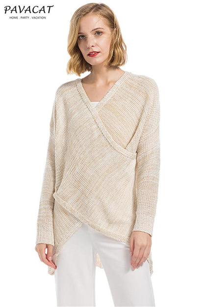 Casual V Neck Front Cross Weekend Sweater - Red