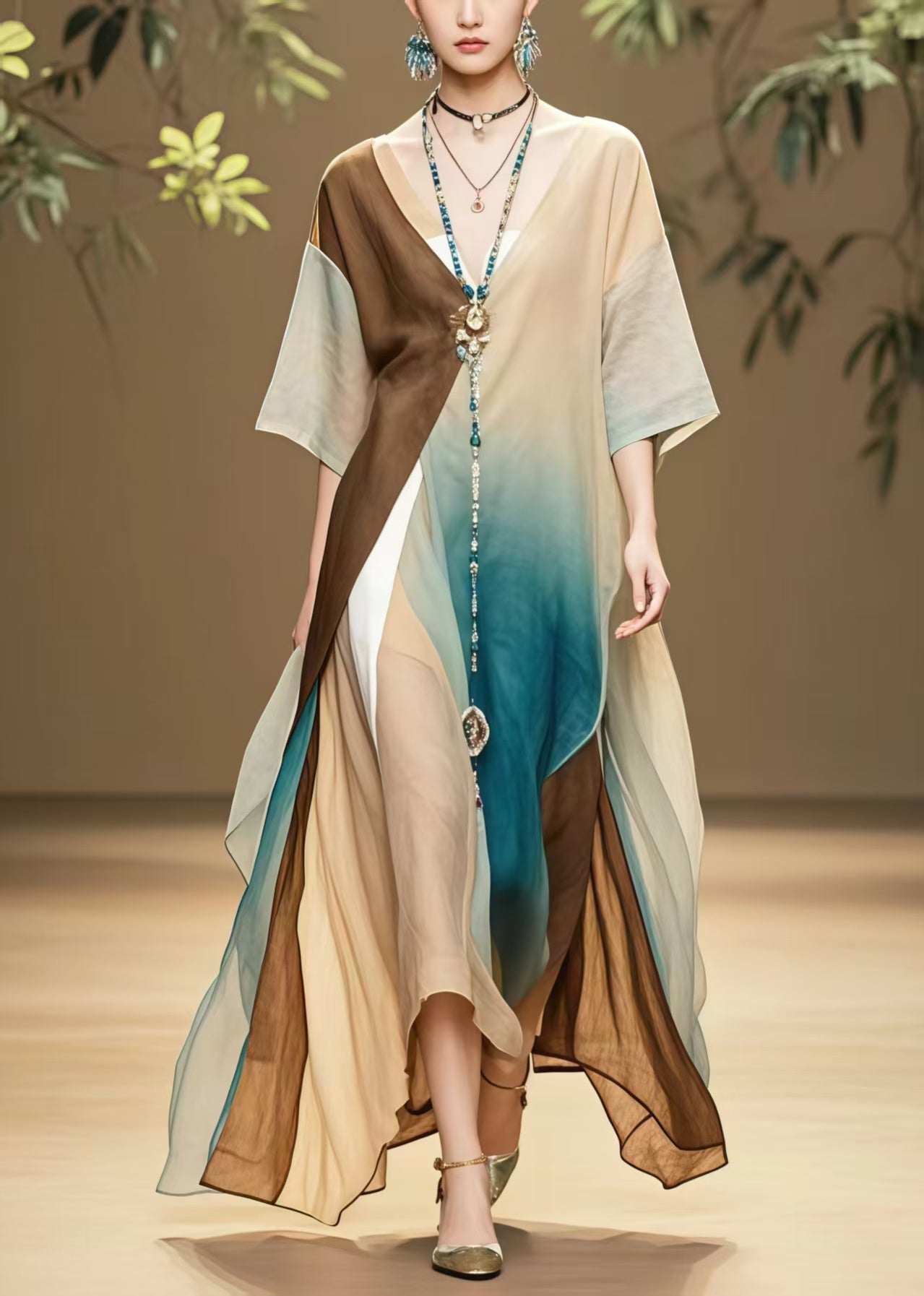 Loose Colorblock Asymmetrical Design Cotton Maxi Dresses Summer