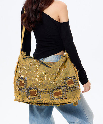 Boho Brown Rivet Large Capacity Applique Denim Messenger Bag