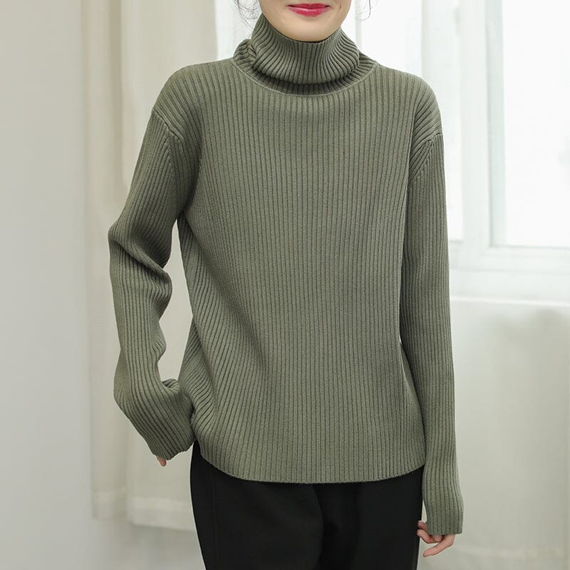 Women Solid Stripe Knitted Turtleneck Winter Sweater