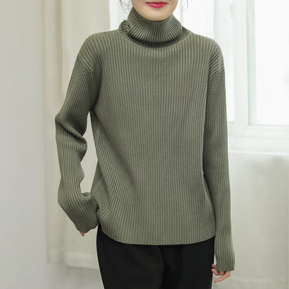 Women Solid Stripe Knitted Turtleneck Winter Sweater