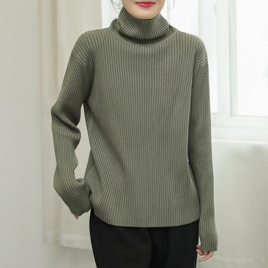 Women Solid Stripe Knitted Turtleneck Winter Sweater