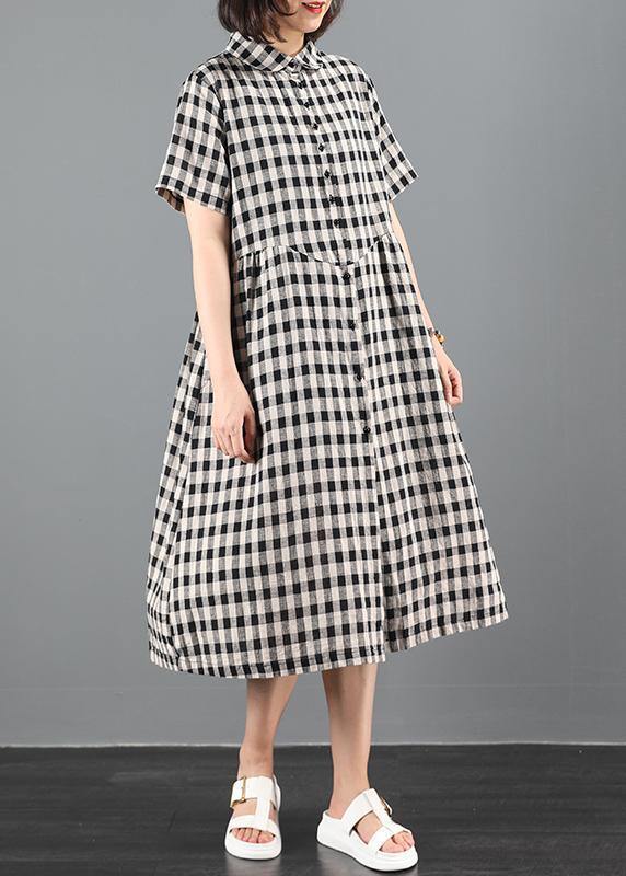 Bohemian lapel Cinched summer dress Work black plaid Maxi Dresses