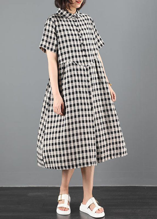 Bohemian lapel Cinched summer dress Work black plaid Maxi Dresses