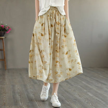 Cozy Linen Retro Loose Floral Printed A-Line Skirt