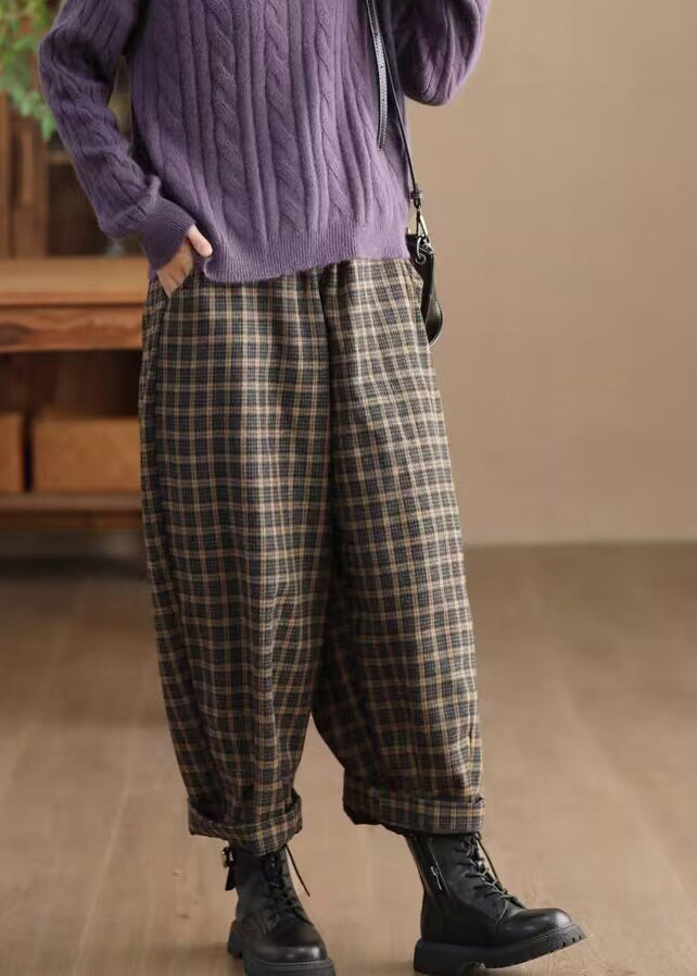 Casual Pockets Plaid Elastic Waist Trousers Spring
