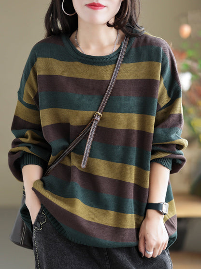 Women Striped Commuter Loose Vintage Sweater