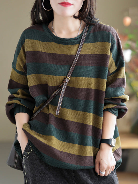 Women Striped Commuter Loose Vintage Sweater