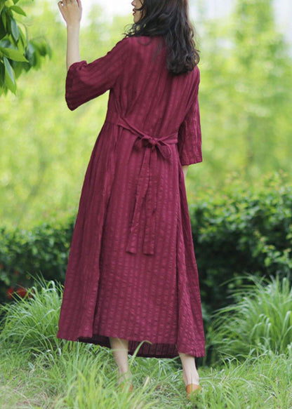 Style v neck tie waist linen clothes Fashion Ideas burgundy Dresses
