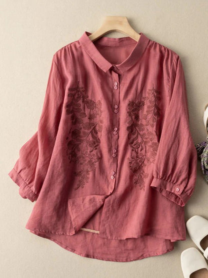 Embroidered 3/4 Sleeve Casual Linen Shirt Top
