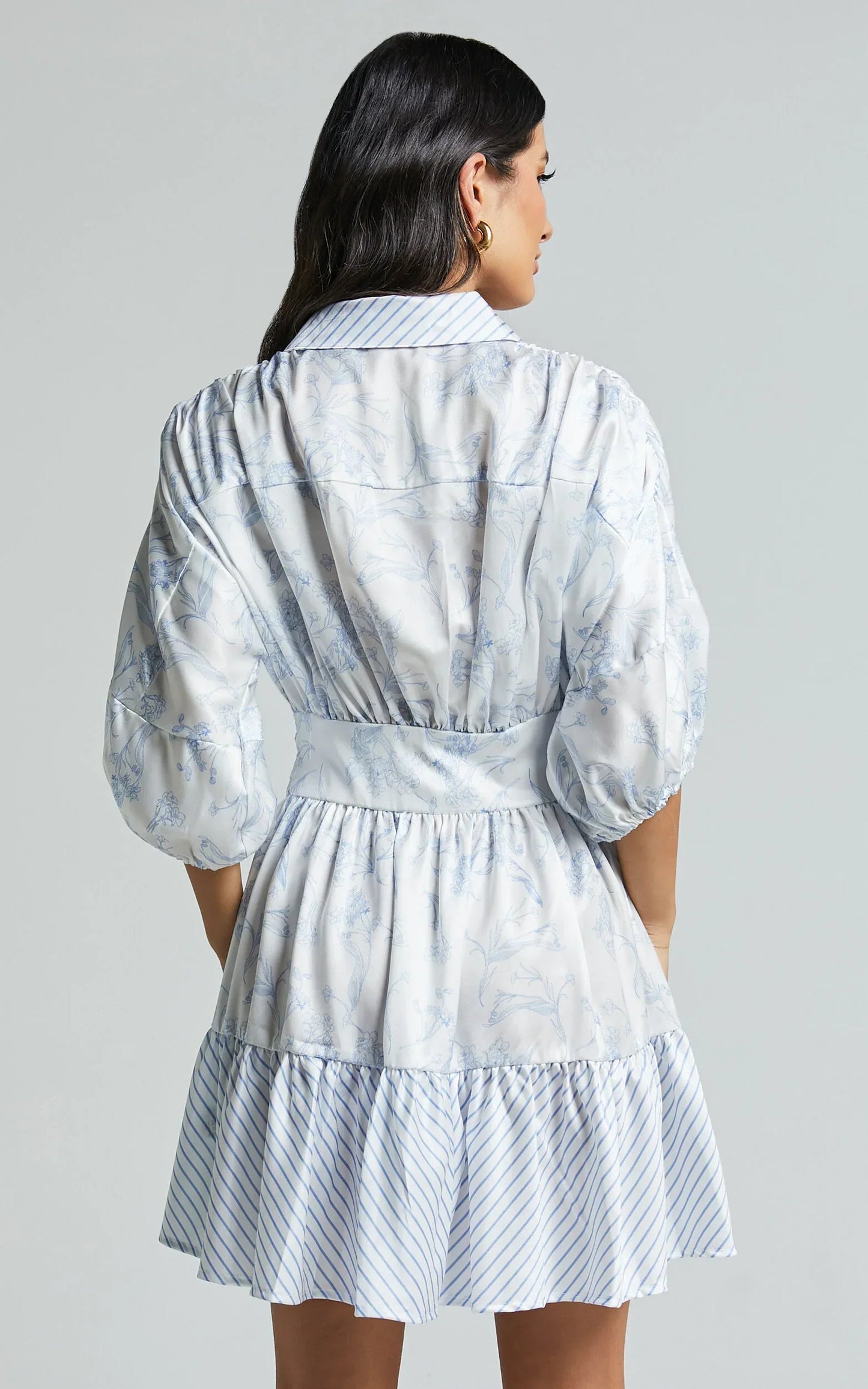 Amabella Mini Dress - 3/4 Sleeve Collared Button Up Dress In Blue
