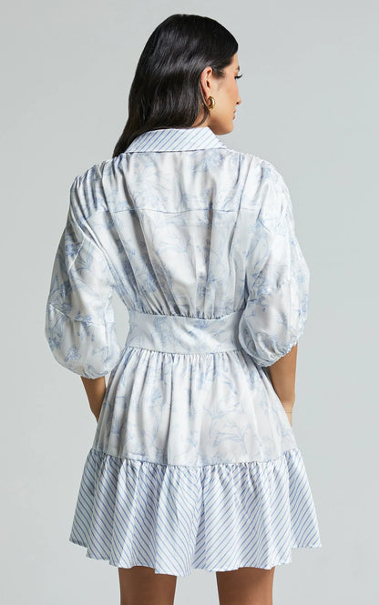 Amabella Mini Dress - 3/4 Sleeve Collared Button Up Dress In Blue