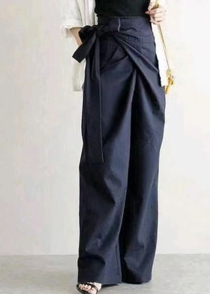 Boho White Asymmetrical Side Tie Waist Linen Straight Pants Fall