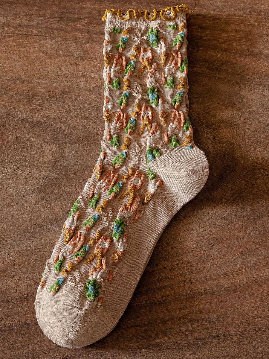 6 Pairs Japanese Floral Cotton Socks Women Vintage Socks