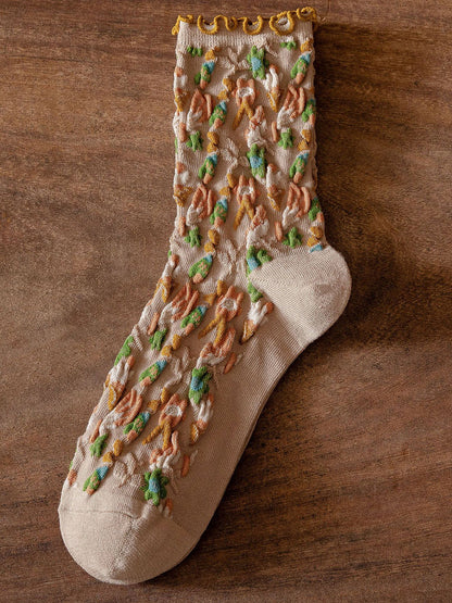 6 Pairs Japanese Floral Cotton Socks Women Vintage Socks